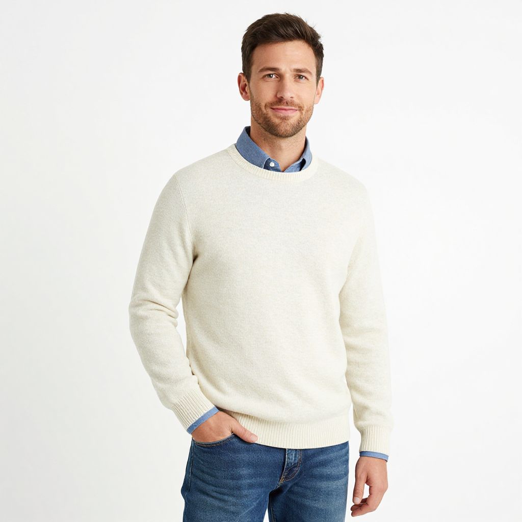 Man Wearing Cream Sweater and Blue Jeans Casual Outfit