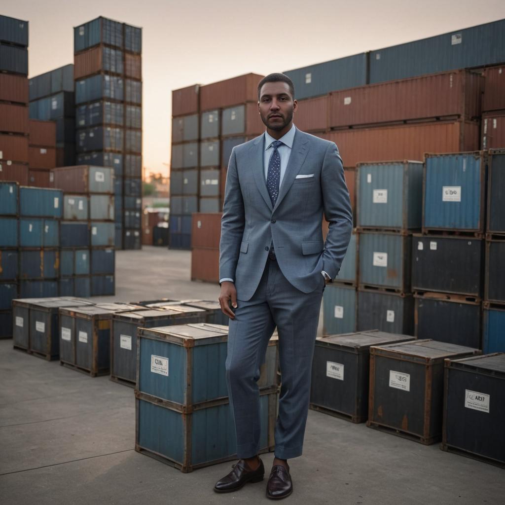 Confidently Dressed Man Among Shipping Containers