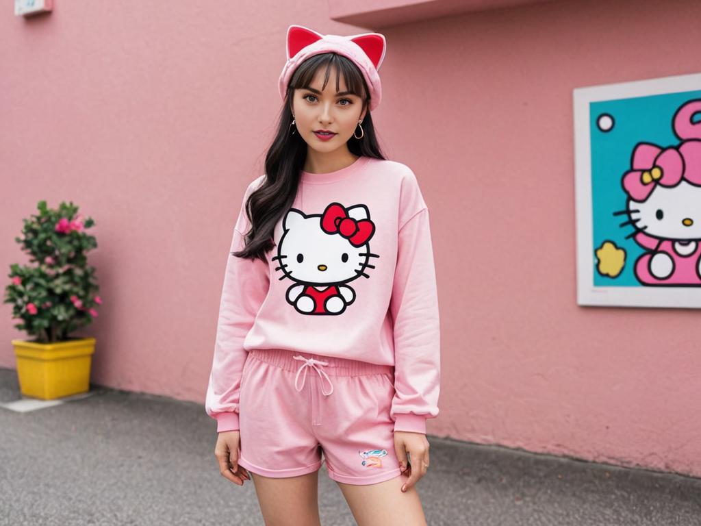 Woman in Hello Kitty Outfit Against Pastel Background