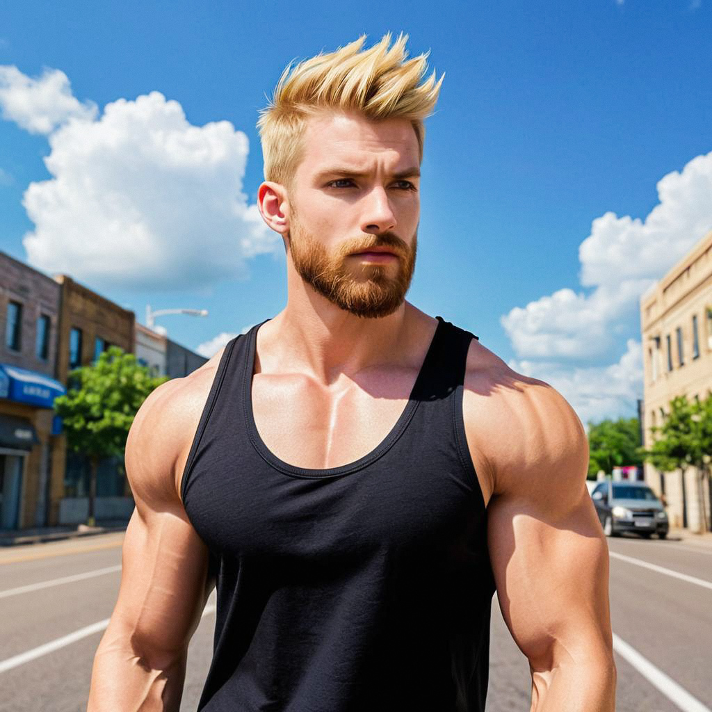 Muscular Man in Black Tank Top on Sunny Street