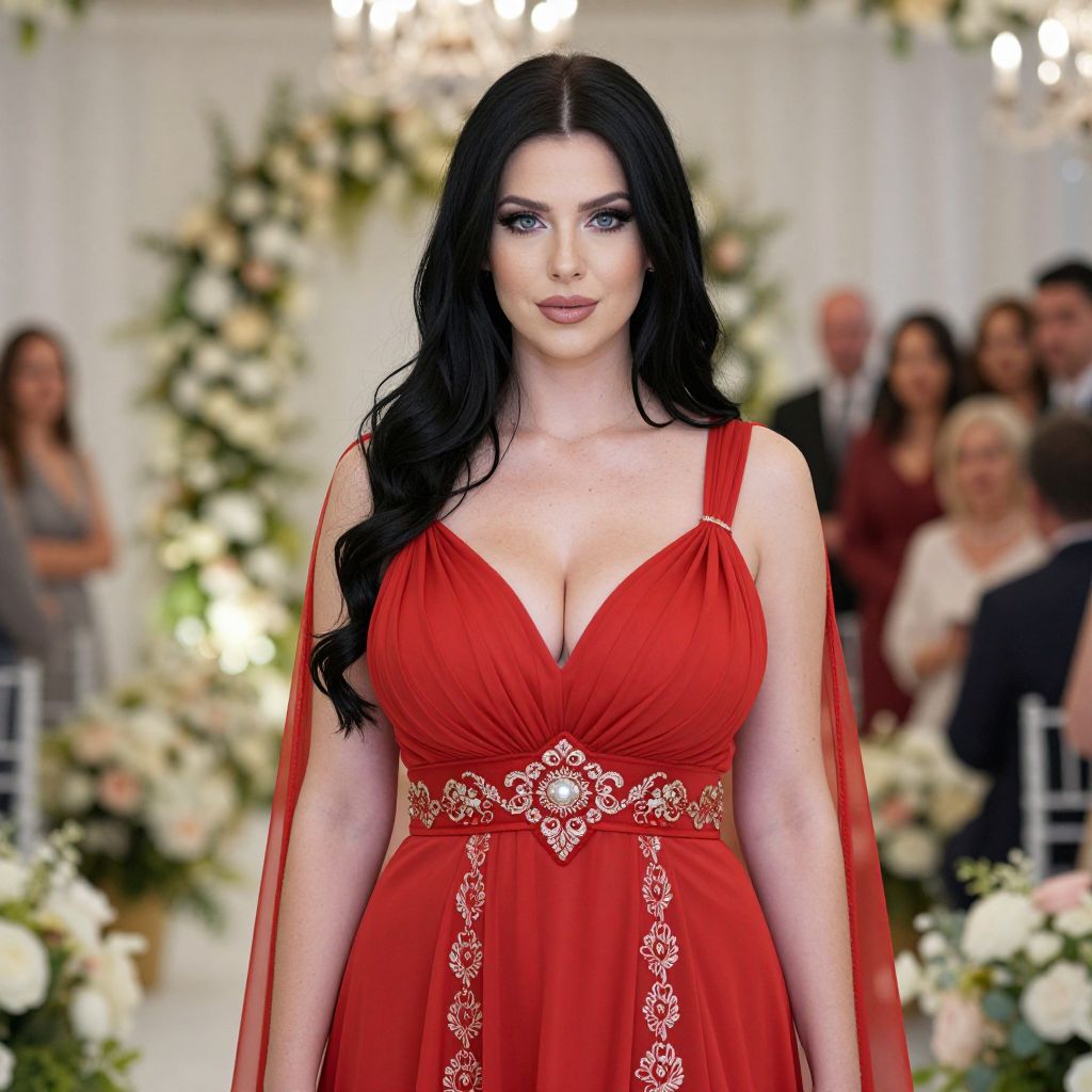 Elegant Woman in Red Evening Gown at Formal Event