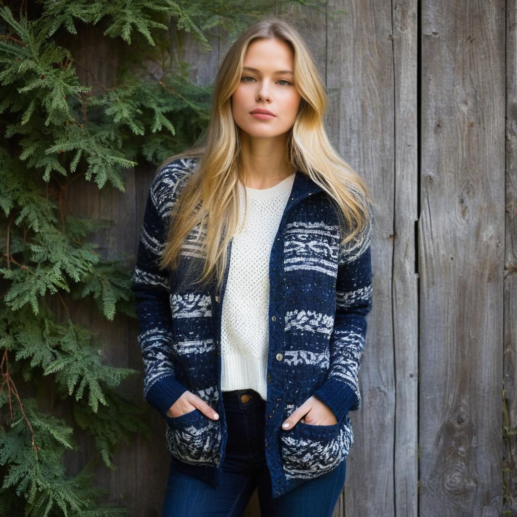 Young Woman in Cozy Knit Cardigan by Wooden Fence