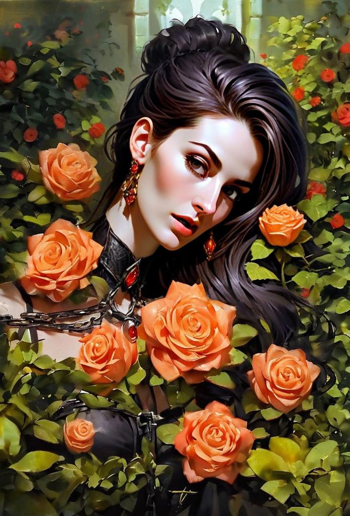 Woman with Orange Roses in Green Background