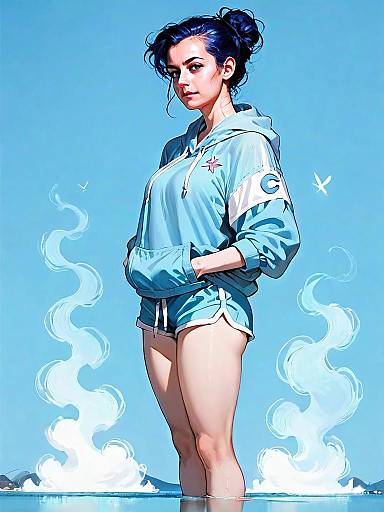 Young Woman in Blue Hoodie Standing in Water with Mist - Digital Fantasy Artwork