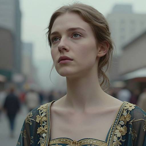 Portrait of Woman in Embroidered Sheer Dress in Urban Environment