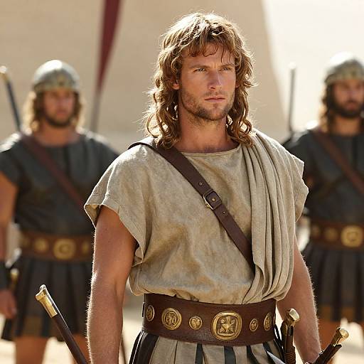 Ancient Warrior in Classical Historical Costume with Soldiers