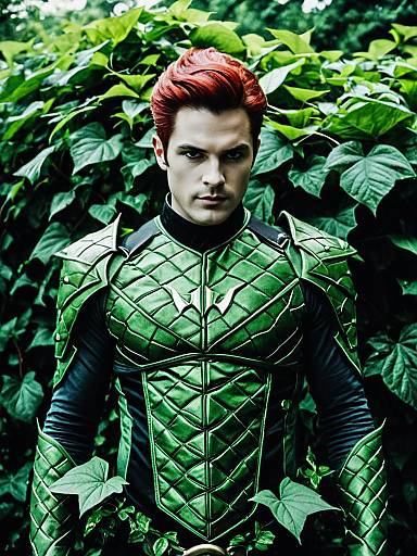 Man in Poison Ivy Cosplay Waist Up Editorial Portrait Photorealistic