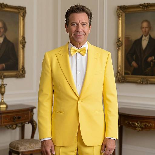 Man in Vibrant Yellow Suit Standing in Classic Portrait-Filled Room