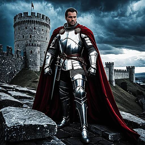 Medieval Knight in Armor with Red Cape at Castle