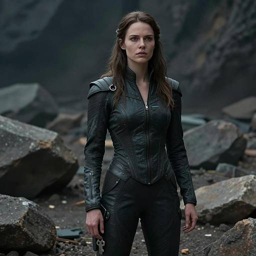 Woman in Futuristic Black Leather Outfit in Rocky Sci-Fi Landscape