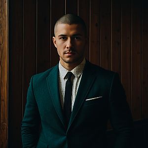 Confident Young Man in Dark Green Suit