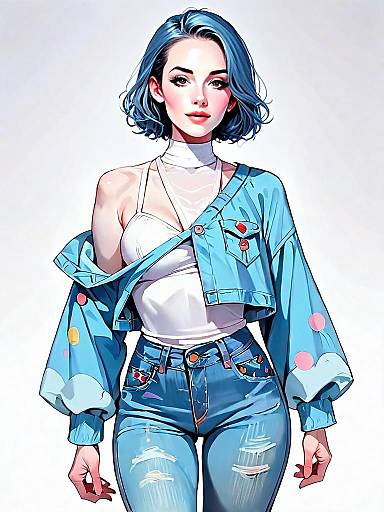 Stylish Woman in Blue Denim Jacket and Ripped Jeans Illustration