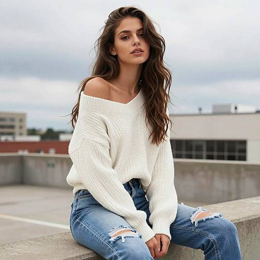 Trendy Woman in White Knit Sweater and Ripped Jeans on Urban Rooftop