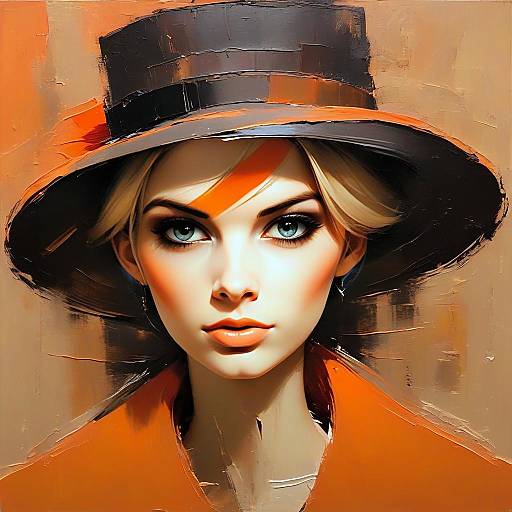 Digital Portrait of Woman Wearing Black Hat and Orange Coat in Painterly Style