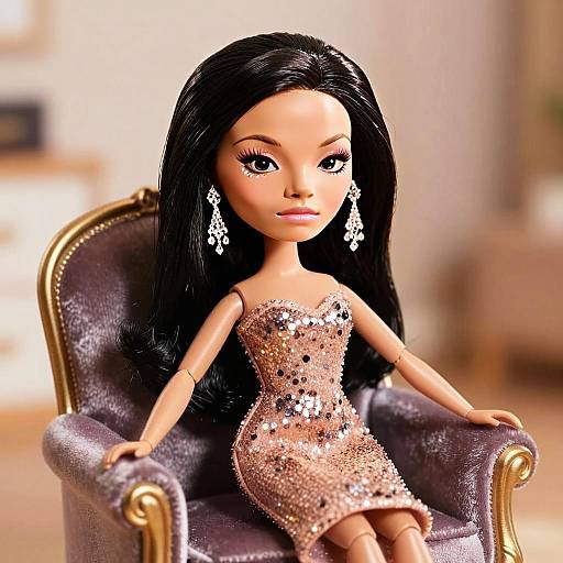 Elegant Woman Doll in Rose-Gold Sequin Dress Sitting on Vintage Chair