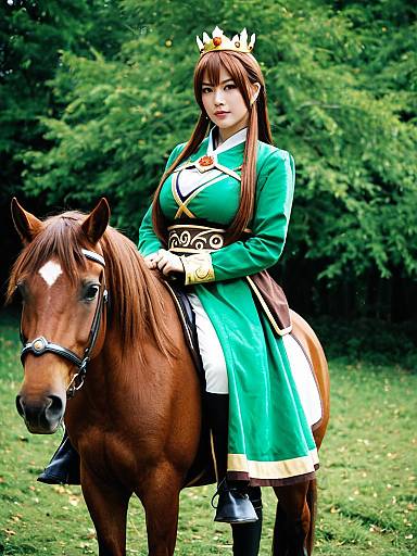 Fantasy Cosplay Woman on Horse in Green Royal Costume