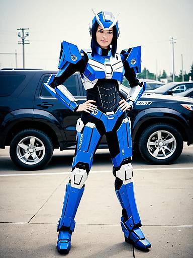 Woman in Realistic Blue Arcee-Inspired Transformers Armor Suit