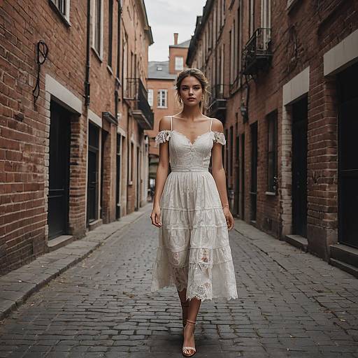 Woman in Elegant White Lace Dress Walking on Cobblestone Street