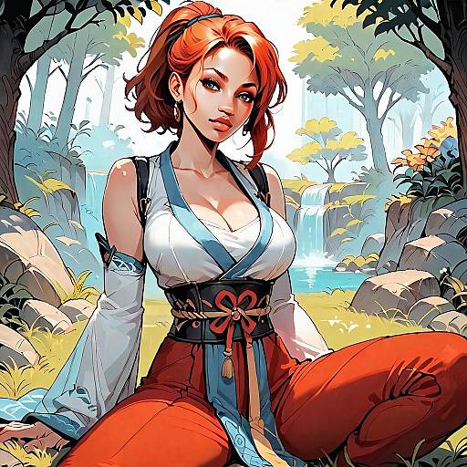 Red-Haired Woman in Fantasy Outfit Sitting by Waterfall in Vibrant Forest Illustration