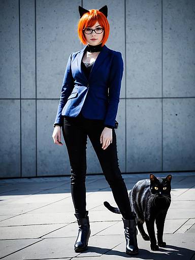 Morgana Persona 5 Cosplay with Black Cat in Urban Setting