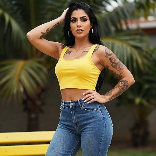 Tattooed Woman in Yellow Crop Top and Blue Jeans Outdoor Portrait