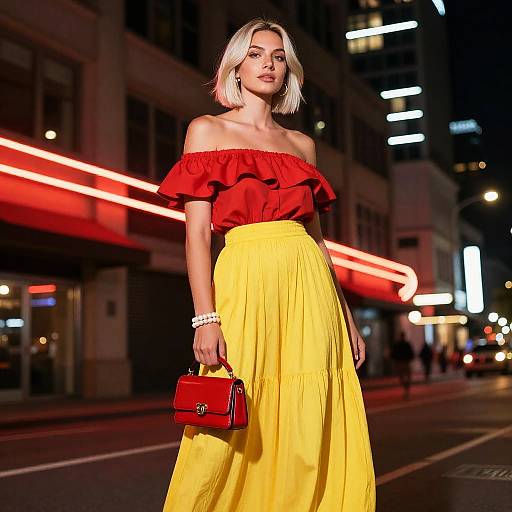 Stylish Gen Z Woman in Red and Yellow Outfit on City Night Street