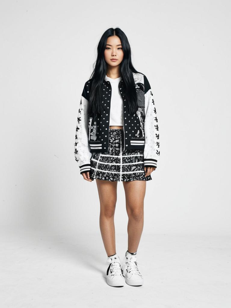 Urban Streetwear Woman in Black and White Bandana Print Jacket and Skirt