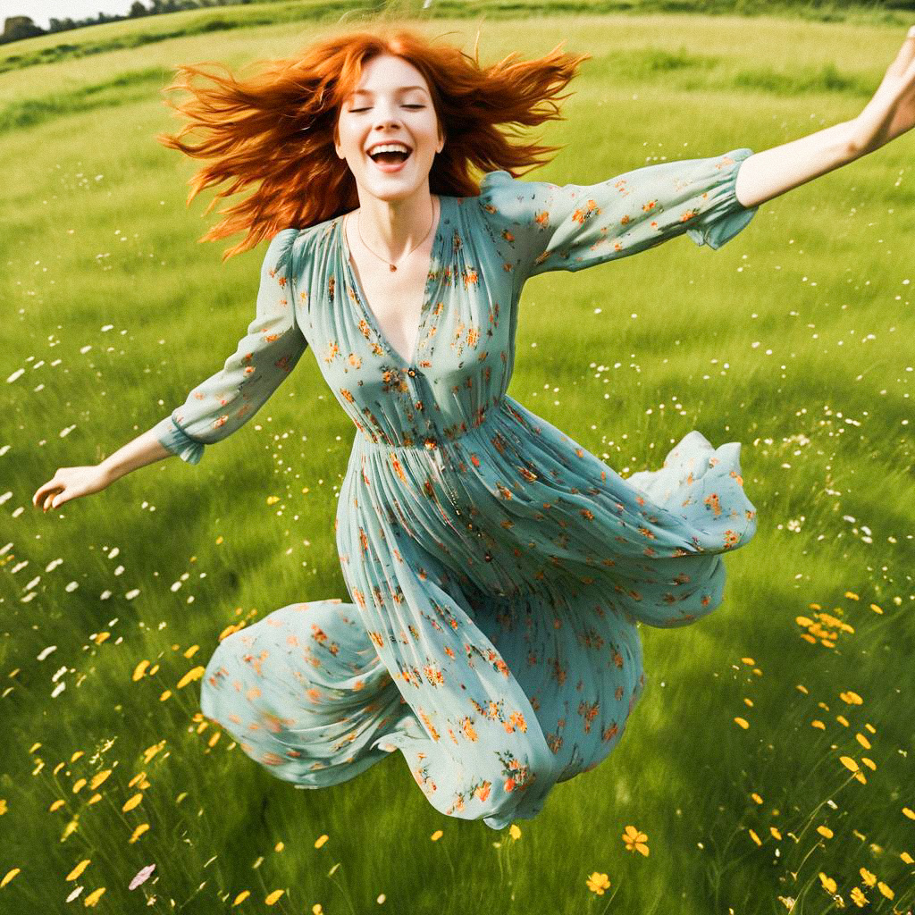 Joyous woman in a floral dress leaps in a wildflower field