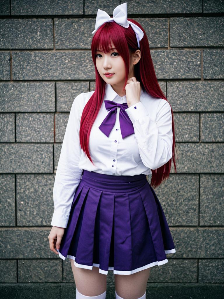 Young Woman in Purple Schoolgirl Cosplay Outfit with Red Hair and White Bow