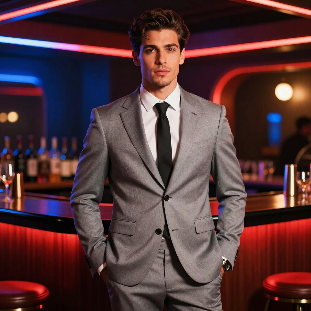 Confident Young Man in Grey Suit at Neon-Lit Bar