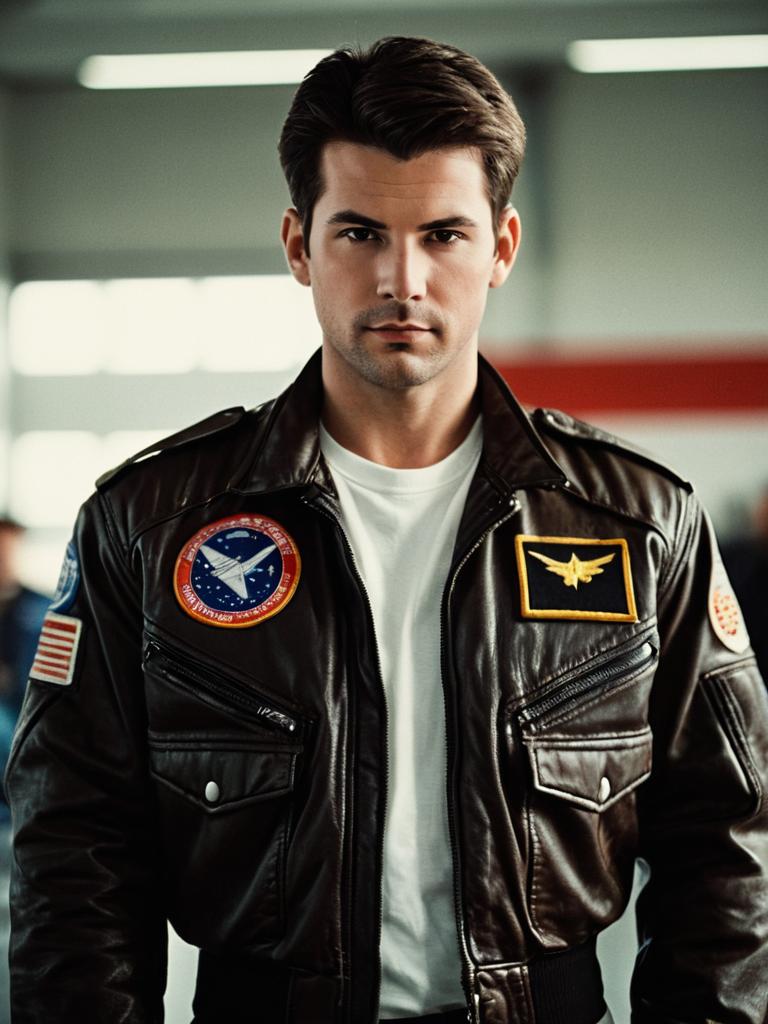 Man Wearing Classic Top Gun Flight Suit Jacket with Aviator Patches