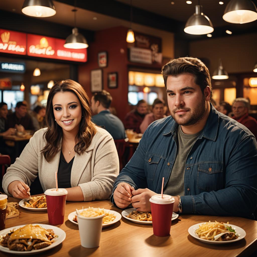 Obese Couple Enjoying Fast Food Meal in Restaurant