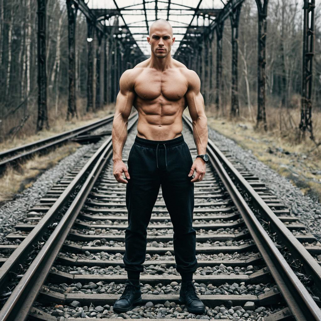 Muscular Bald Man on Railway Tracks