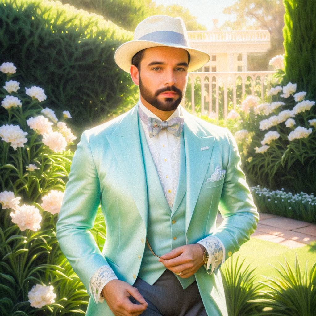 Stylish man in mint suit in a garden