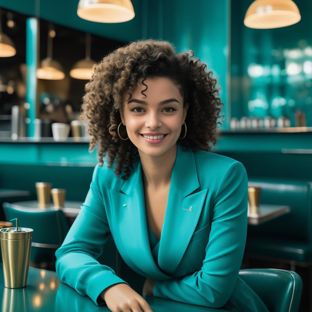 Confident Woman in Teal Suit at Modern Café