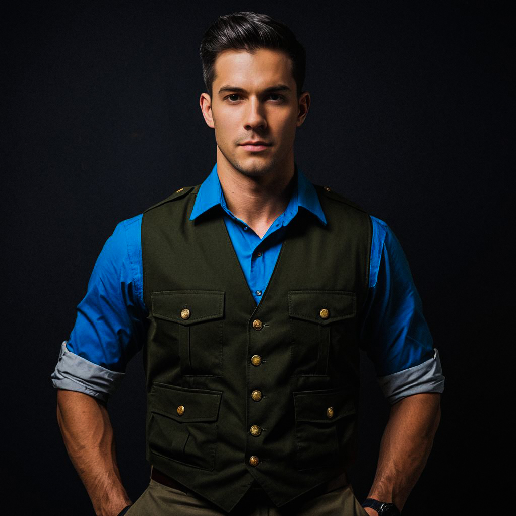 Confident Young Man in Blue Shirt and Olive Vest