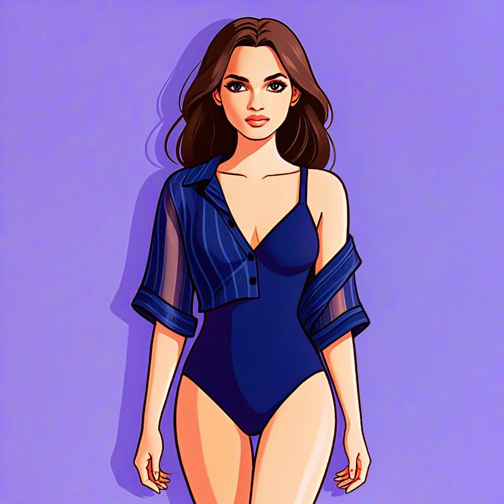 Woman in Deep Navy High-Cut Swimsuit with Stylish Sheer Shirt Illustration