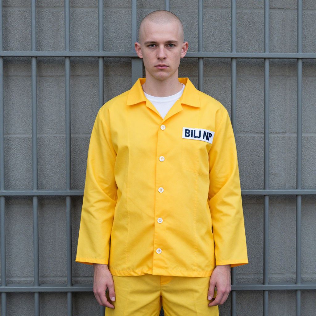 Young Man in Yellow Prison Uniform Standing by Barred Wall
