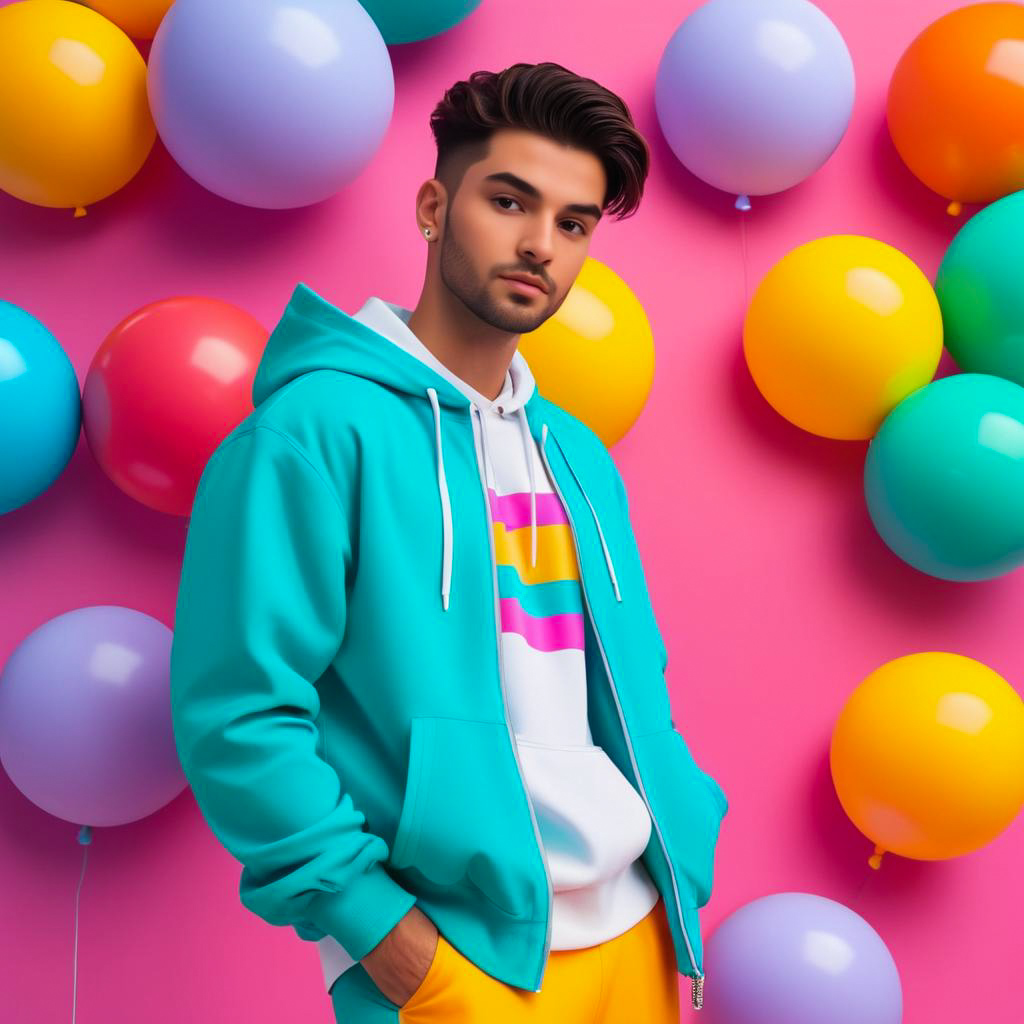 Stylish Young Man in Turquoise Hoodie Against Pink Backdrop