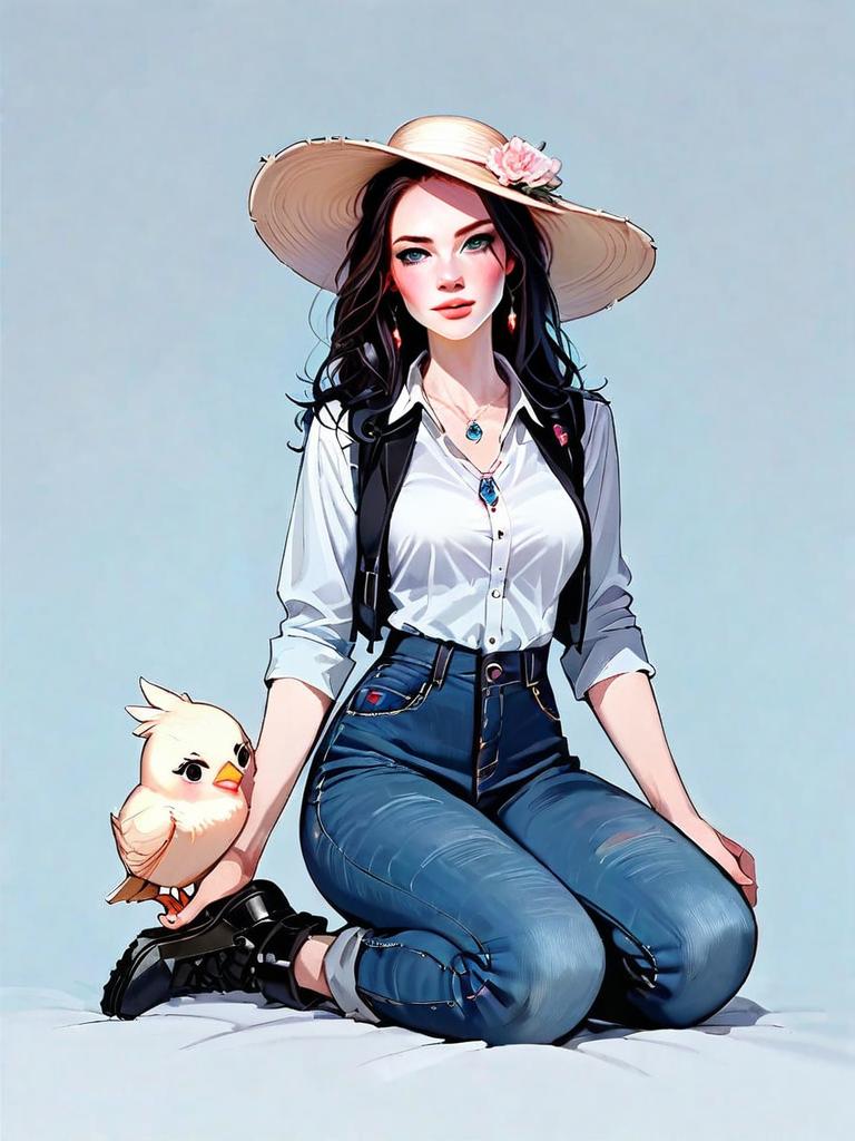 Chic Woman in Wide-Brimmed Hat Kneeling with Cartoon Bird Realistic Comic Style