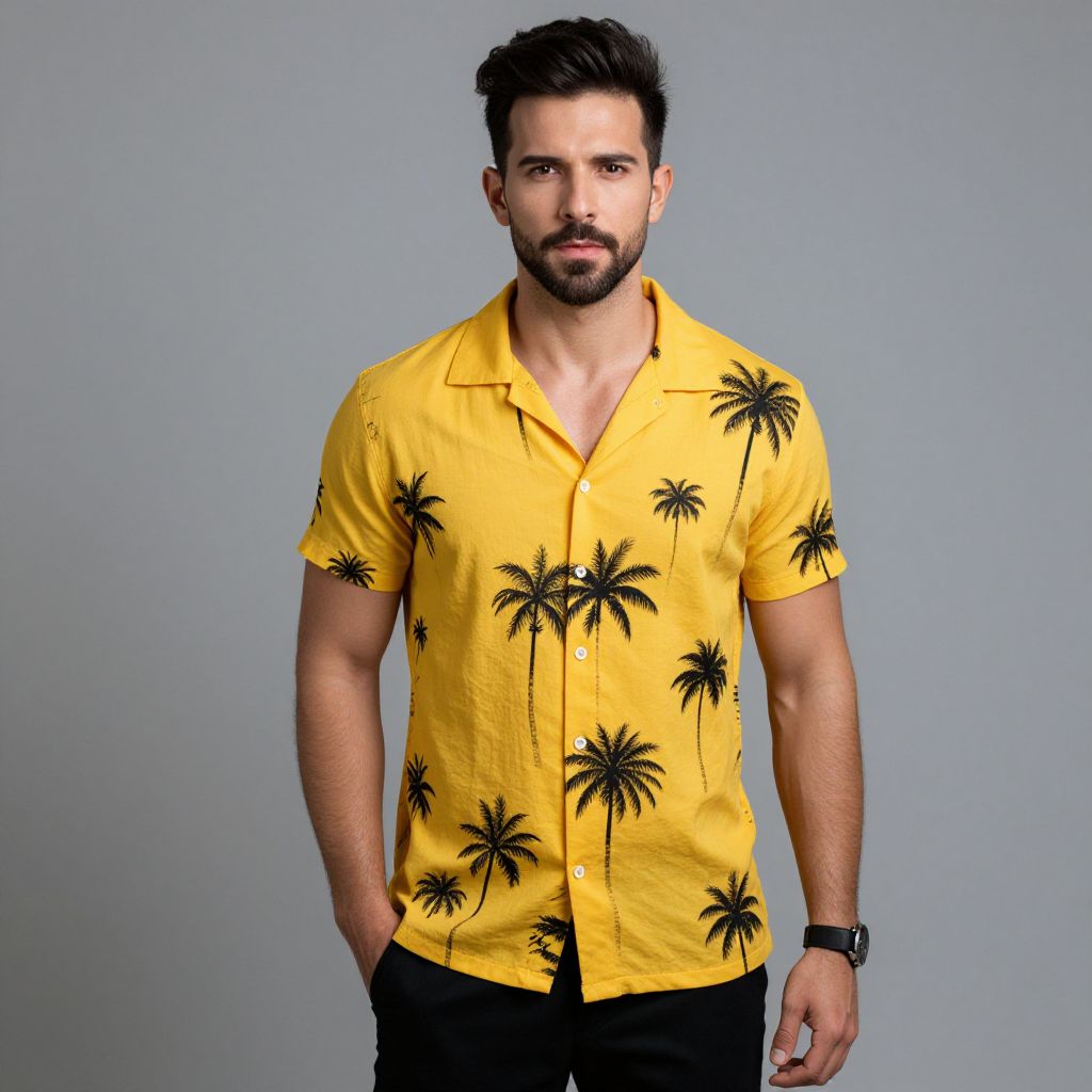 Stylish Man in Yellow Palm Tree Print Shirt Against Gray Background
