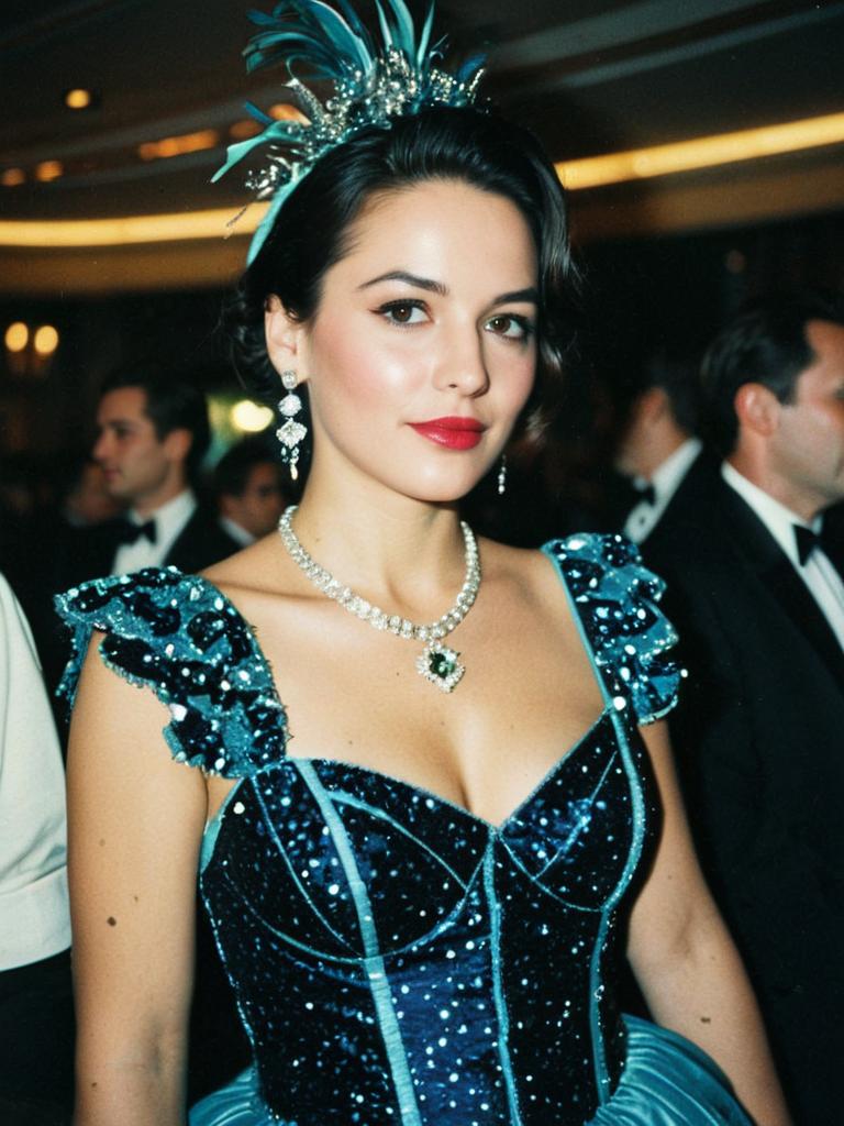 Elegant Woman in Blue Velvet Gala Outfit with Sequins and Diamond Jewelry