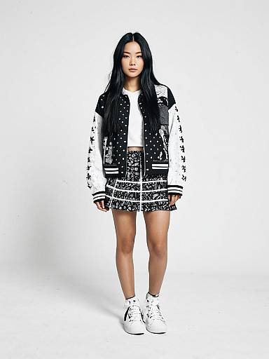 Urban Streetwear Woman in Black and White Bandana Print Jacket and Skirt