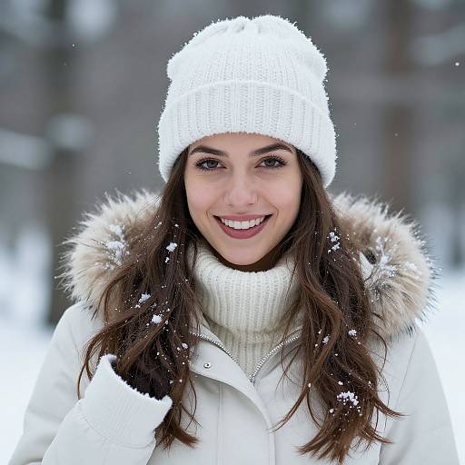 Smiling Woman in White Winter Coat and Beanie in Snowy Outdoor Setting