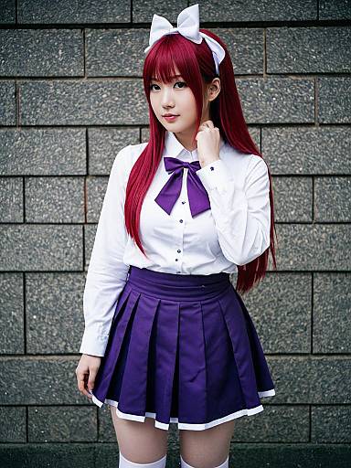 Young Woman in Purple Schoolgirl Cosplay Outfit with Red Hair and White Bow