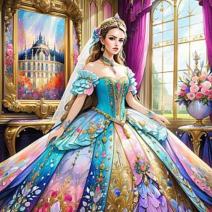 Regal Woman in Opulent Room with Ball Gown
