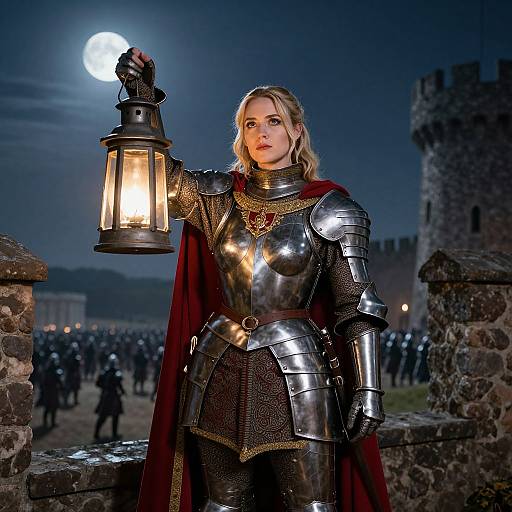 Woman Knight in Medieval Armor Holding Lantern at Night by Castle