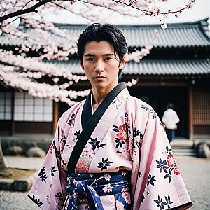Young Man in Floral Kimono by Cherry Blossoms