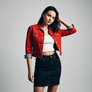 Confident Woman in Red Denim Jacket and Dark Skirt