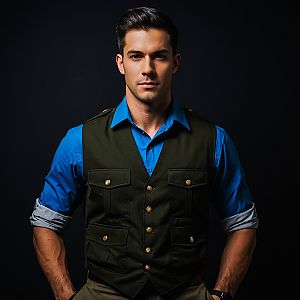 Confident Young Man in Blue Shirt and Olive Vest